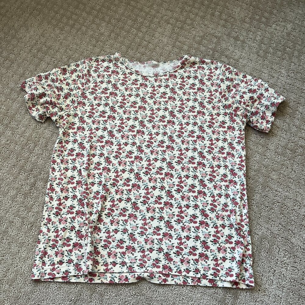 Vintage Boxy T Shirt Rose Pattern Short Sleeve Floral Cottage Core Size Medium
